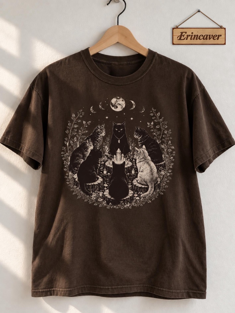 Witchy Cat & Moon Graphic T-Shirt, Dark Brown Celestial Gothic Tee